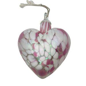 Hand-Blown Glass Heart Ornament Pink & White Mosaic Design Vintage Heavy